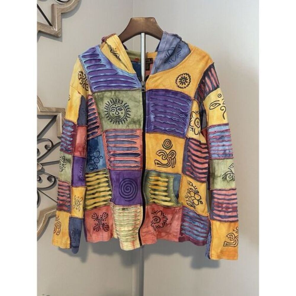 Rising International Jacket Hoodie Patchwork Hippie Boho Tribal Women's XL